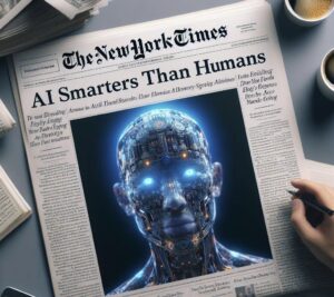 Immagine di prima pagina di giornale In cui si parla di un IA più intelligente degli esseri umani, generata tramite DALL-E 3.