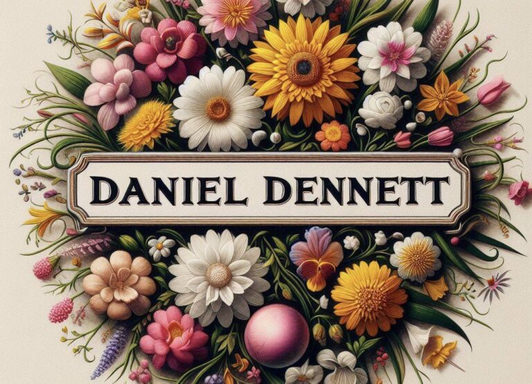 Immagini di fiori colorati con in mezzo la scritta DANIEL DENNETT. Immagine generata tramite DALL-E 3.