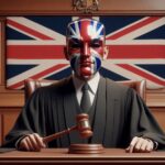 Immagine di guidice in un tipico tribunale inglese, con in mano il martelletto e sul viso una maschera con sopra la bandiera del Regno Unito. Immagine generata tramite DALL-E 3 da Marta Baronio (Rappresenta un giudice che condanna i deepfake, falsi come le maschere.)