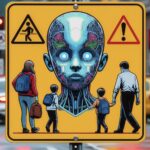 Immagine generata tramite DALL-E 3 che rappresenta un cartello (tipo stradale), di colore giallo, con una figura di un viso robotico che duole rappresentare l'IA e due genitori con i rispettivi figli davanti. il cartello avverte del rischio dell'IA, specialmente per i minori.