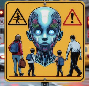 Immagine generata tramite DALL-E 3 che rappresenta un cartello (tipo stradale), di colore giallo, con una figura di un viso robotico che duole rappresentare l'IA e due genitori con i rispettivi figli davanti. il cartello avverte del rischio dell'IA, specialmente per i minori.