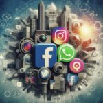 Immagine generata tramite DALL-E 3 astratta che rappresenta i diversi loghi dei social media in massa sferica.