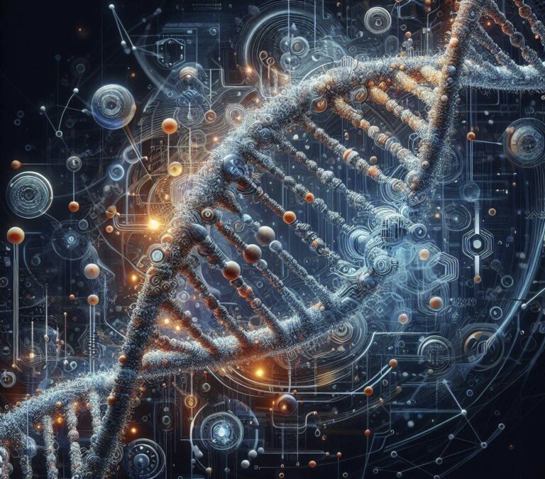 Immagine generata tramite DALL-E 3 da MArta BAronio che rappresenta una sequenza DNA rappresentata con elementi che fanno riferimento alla tecnologia.