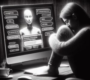 Immagine in bianco e nero realizzata con DALL-E 3 che rappresenta una ragazza accovacciata davanti al suo pc che sta chattando con un griefbots. Chiaramente non sta bene emotivamente.