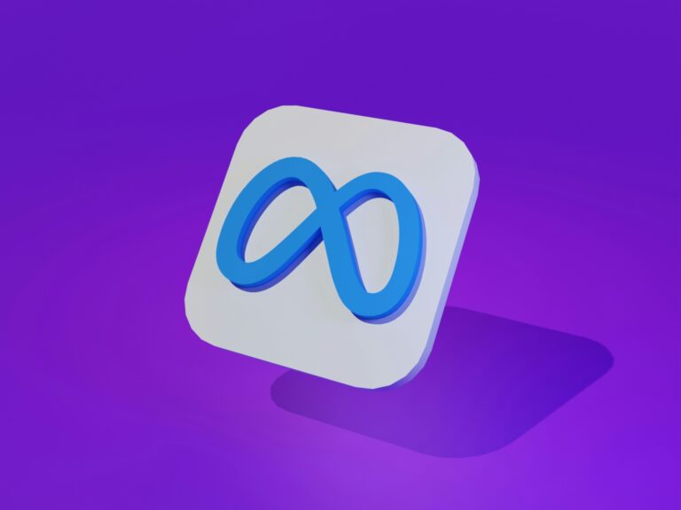 Logo di Meta in quadrato bianco, sfondo viola.