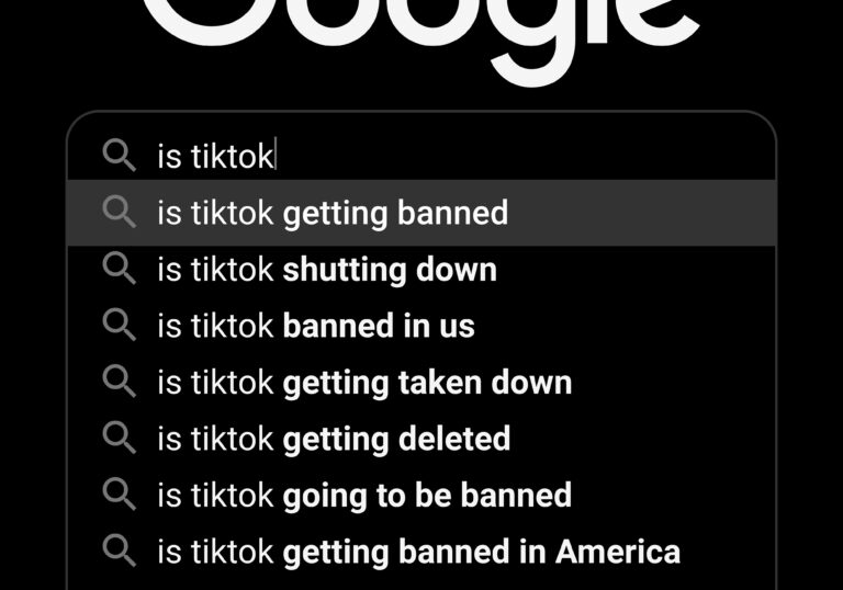 Immagine di ricerca su Google in cui si digita "is TikTok..." con varie opzioni, ma il cursore si posiziona su quella con scritto "is TikTok getting banned".